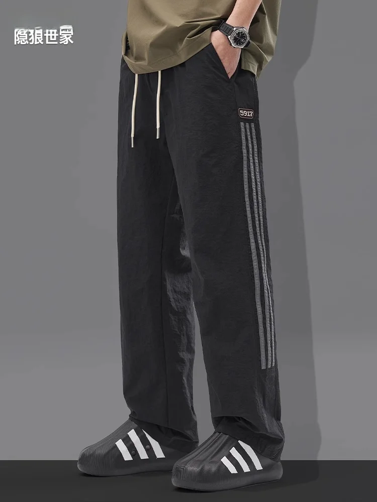 

Мужские летние тонкие спортивные повседневные брюки Qui Dry, свободные прямые длинные брюки в полоску, модные брендовые молодежные брюки для активного отдыха