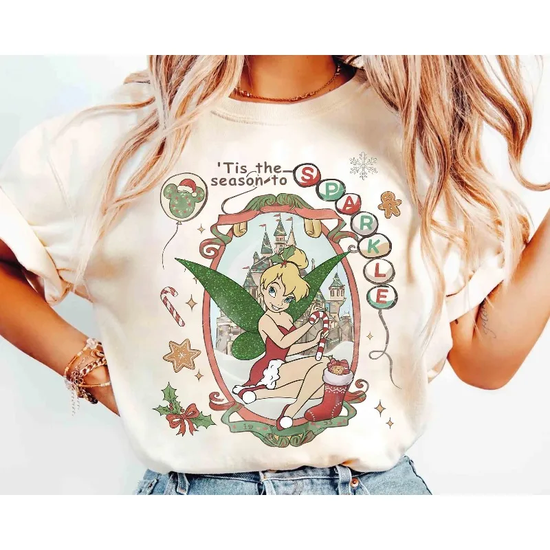 

Винтажная рождественская блестящая рубашка Tinker Bell, рождественская футболка Disney Peter Pan, хлопковые уличные топы унисекс в стиле Харадзюку