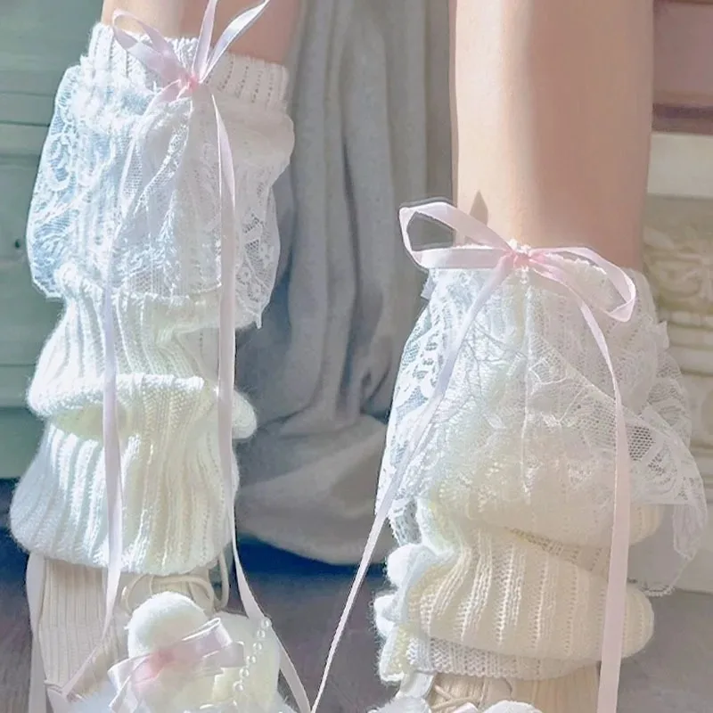 Fashion Lace Bow Leg Warmers Lolita Calf Warmers Y2K JK Knitted Slouch Socks Women Girls Fashion Princess Winter Accessories