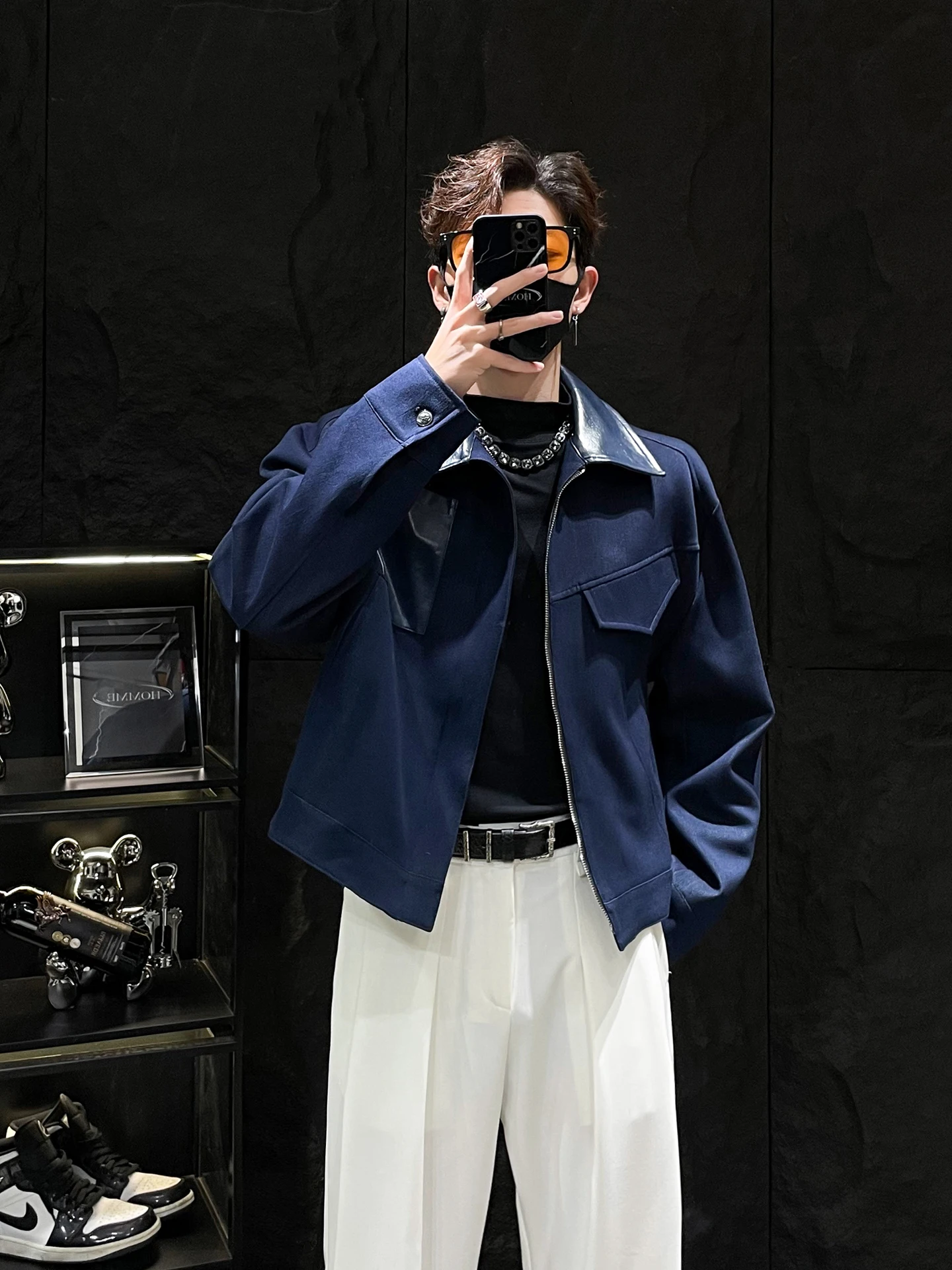 

HOMME Deconstructed Leather Jaet Men's Loose Fit ort Sle Autumn Winter Luxury Faion Zipper Closure No Ironing Needed