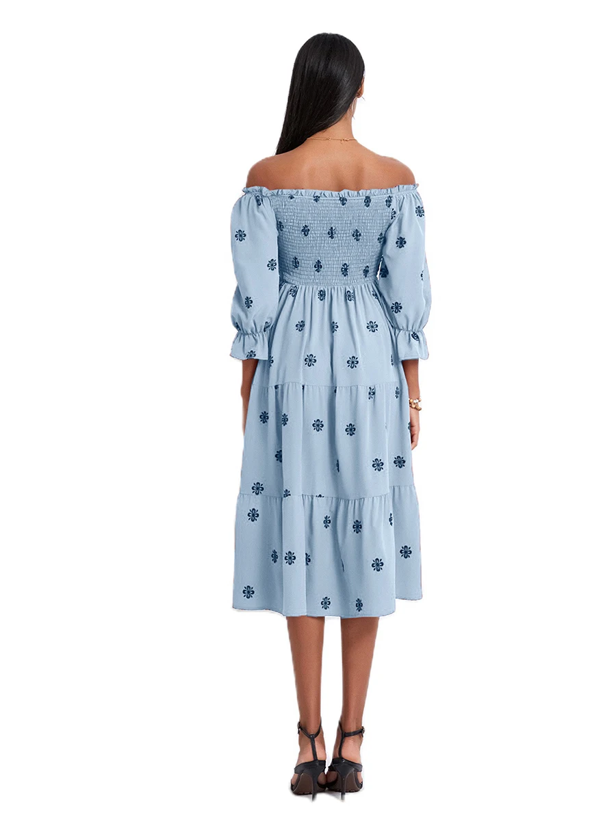 Dames Zomer Off-Shoulder Jurk Met Bloemenprint Lange Mouw Met Ruches En Rugloze Midi-Jurk