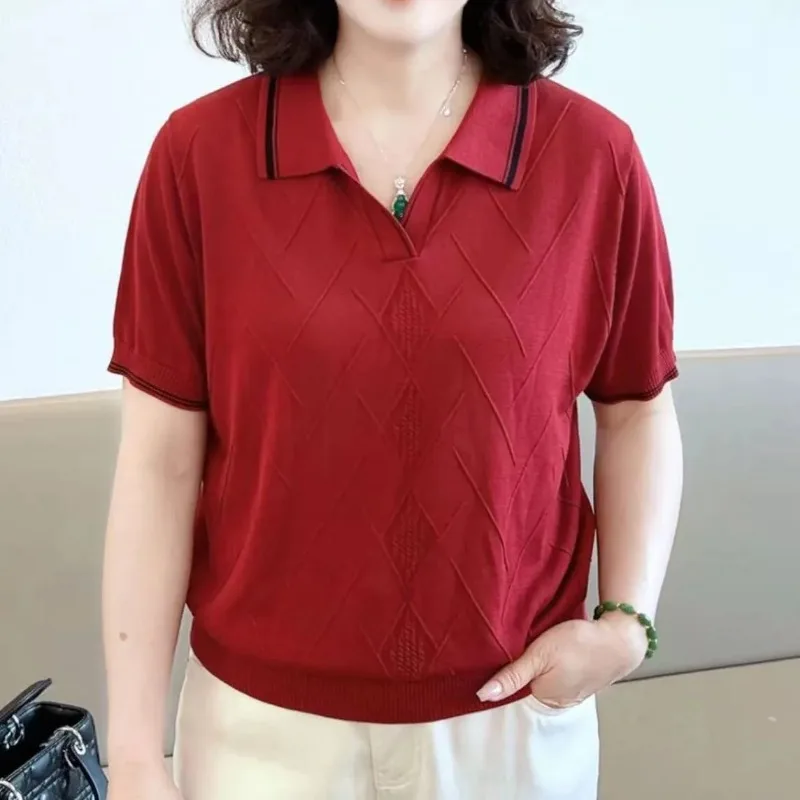 Women Elegant Polo Collar Diamond Knit Short Sleeve Top Loose Tummy Cover Mom Blouse S 4XL