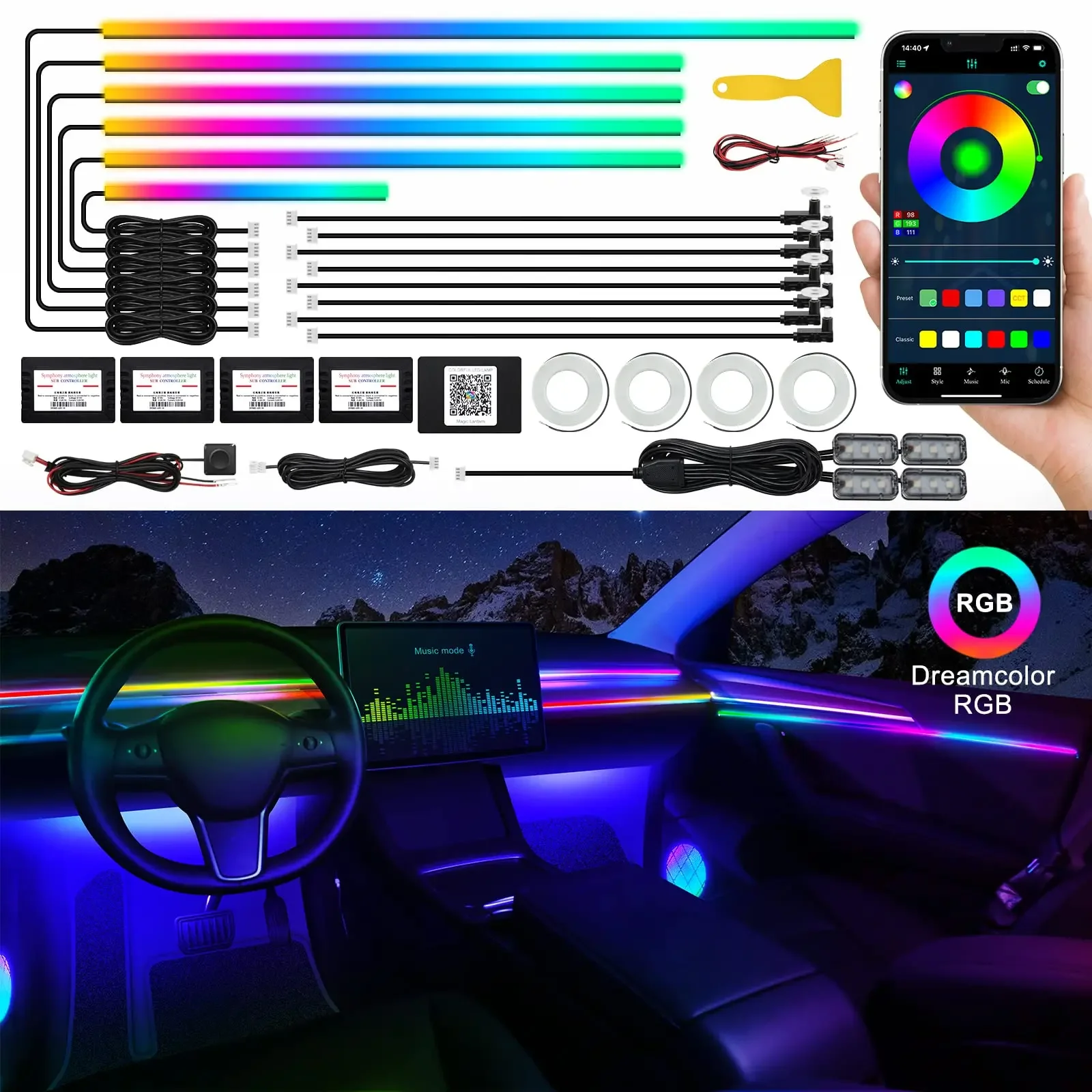 

APP Control RGB LED Car Ambient Light Strip 10 in 1 Kit Hidden Interior Symphony Lamp 64 Color Decorative Universal Lighting Set