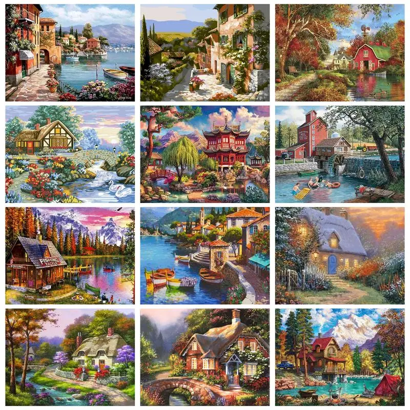 

RUOPOTY Frame Countryside Painting By Numbers For Adults Kits Landscape Modern Wall Art Picture With Numbers For Diy Crafts