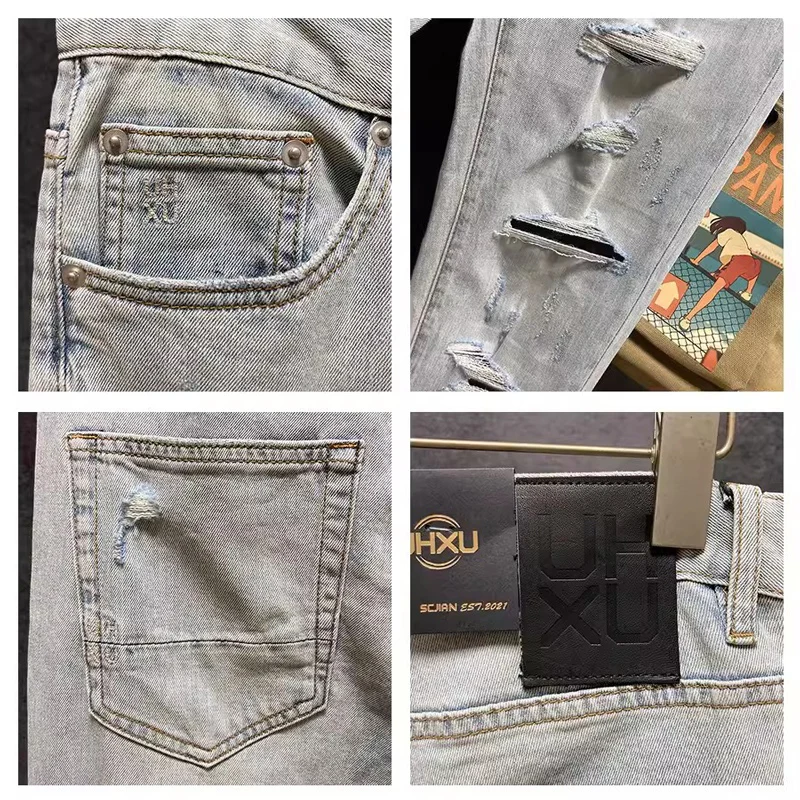 Celana Jeans pria mode jalan, celana Denim Vintage desainer tambalan pria, jins robek lubang pas badan, biru muda, Retro, celana jins pria