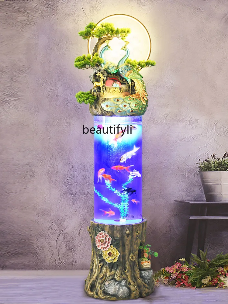 New Chinese Creative Water Fountain Waterscape Cylindrical Fish Globe Living Room Floor Stand Decoration Humidifier