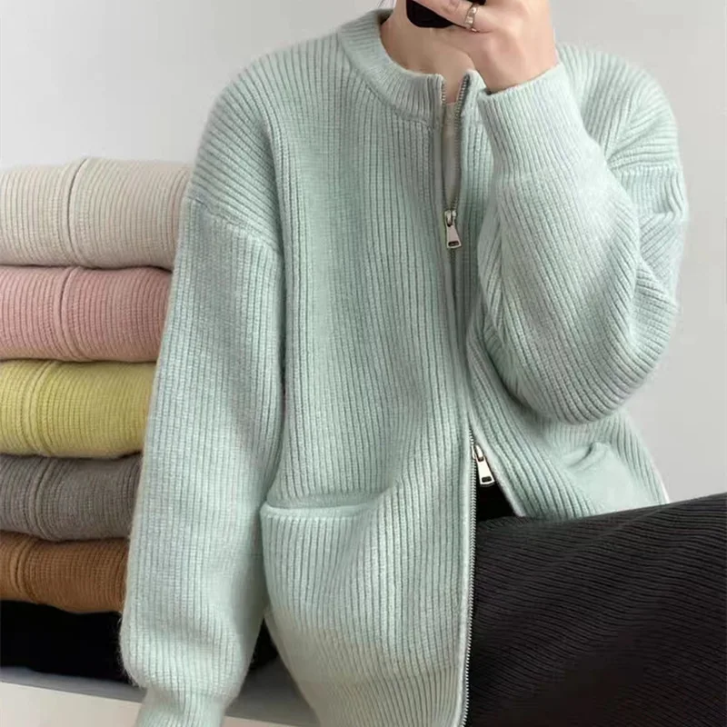 8 Colors Women Knitted Sweater Two Zippers Korean Autumn Loose Cardigan Knitwear Stand Collar Long Sleeves Coat With Pocket