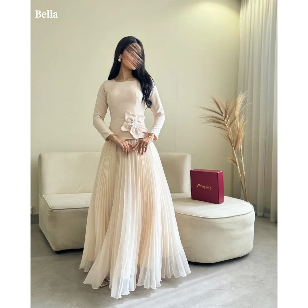 

Bella Customized White Flower Long Sleeves A-line robes de soirée Mesh Fabric Square Collar Party Dresses Satin Prom Dress 2025