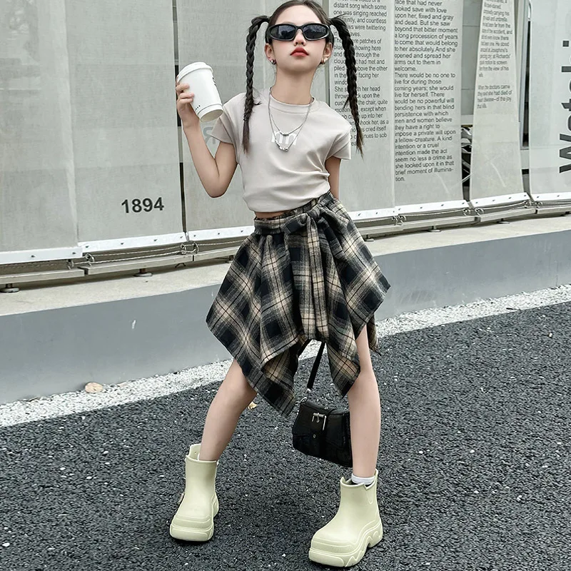 Girls' stylish irregular checkered half skirt summer runway high waisted short skirt jazz dance fashion suit