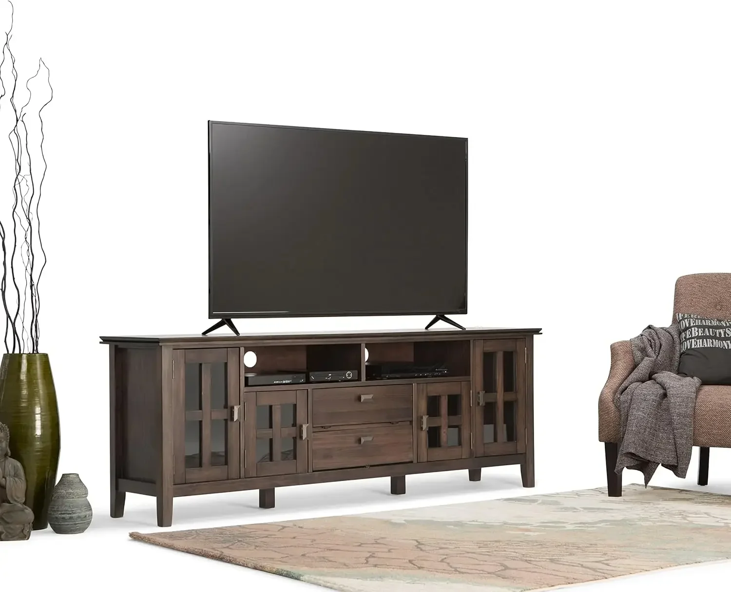 Artisan SOLID WOOD 72 Inch Wide Transitional TV Media Stand in Natural Aged Brown for TVs up to 80 Inch, For the Living Room