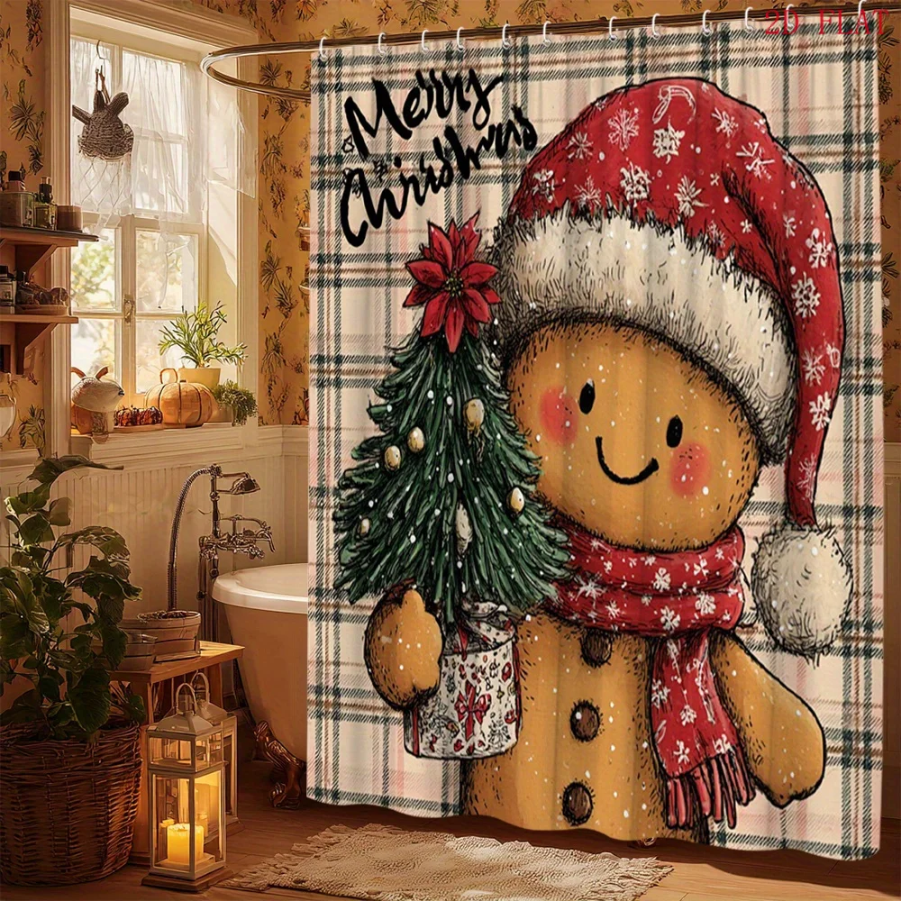 1pc Holiday Shower Curtain, Featuring Cute Gingerbread Men, Christmas Trees, And Snowflakes, Perfect for Holiday Bathroom Decoration. Made of Polyester Fabric, It Measures 70.8 Inches X 70.8 Inches And Includes 12 Hooks