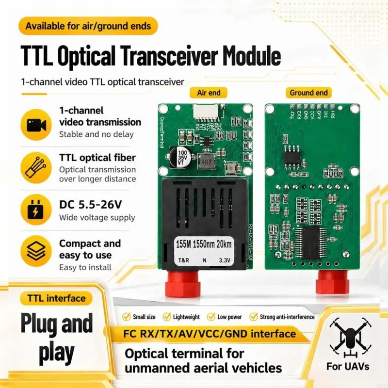 Fiber Transceiver Module, 155M Video Control Board with 5.5-26V Power Input for UAV System Communication Support 896C