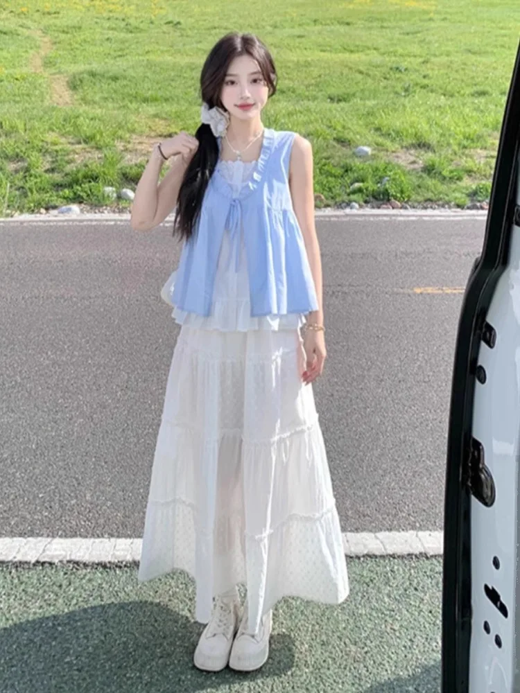 Sommer Baby Licht Milch Blau Puppe irt Frauen Design Sinn Gefälschte Zwei-Stück Holz Süße Sle Svel Bluse