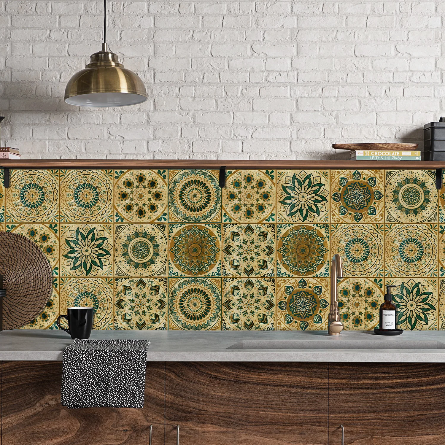 

48 pieces of retro mandala tile self-adhesive wall stickers, home kitchen bathroom decoration stickers