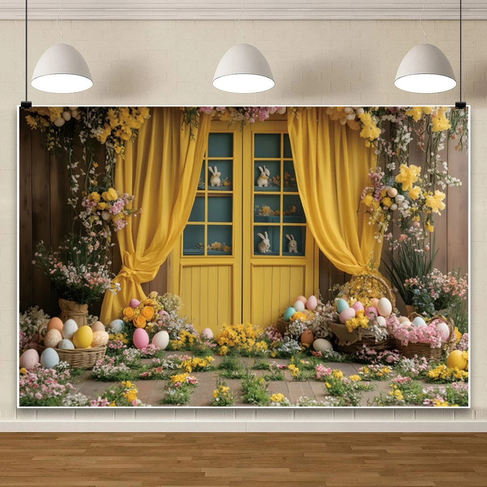 ปาร์ตี้อีสเตอร์ไข่การถ่ายภาพฉากหลังสนามหญ้ากระต่ายสวนสีเหลืองผ้าม่านหน้าต่าง Baby Shower ภาพพื้นหลัง Photo Studio Prop