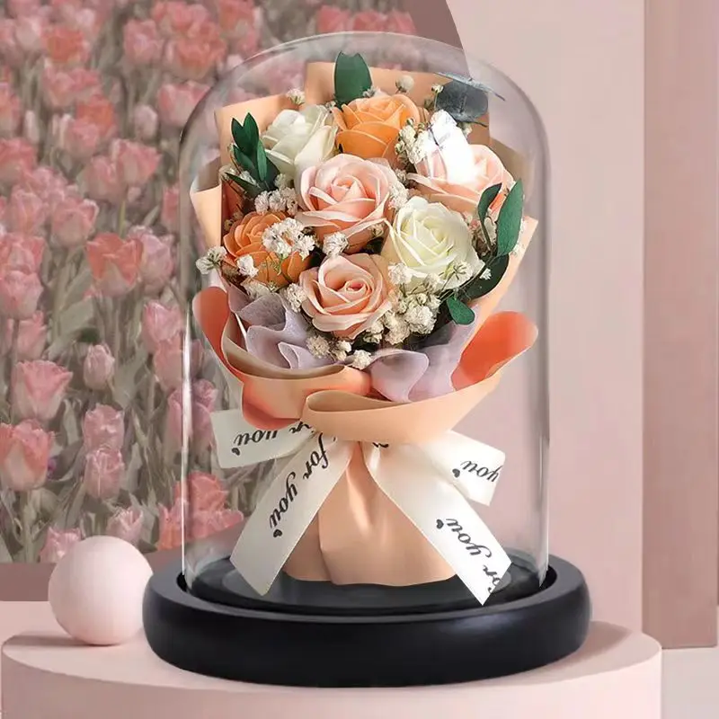 Soap Immortal Home Decor Glass Dome Artificial Sun Flower LED Rose Bouquet Girl Favorite Gift Box Romantic Valentine Mother Day