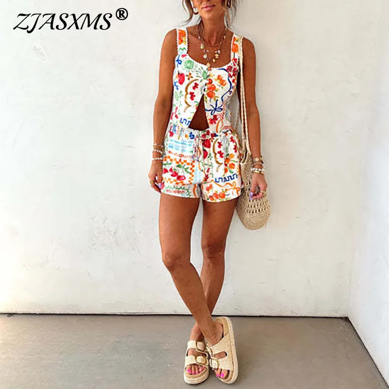 

Сексуальные костюмы с открытой спиной и квадратным вырезом, летние костюмы без рукавов на бретельках, женский наряд, повседневные богемные топы и шорты на пуговицах, комплекты