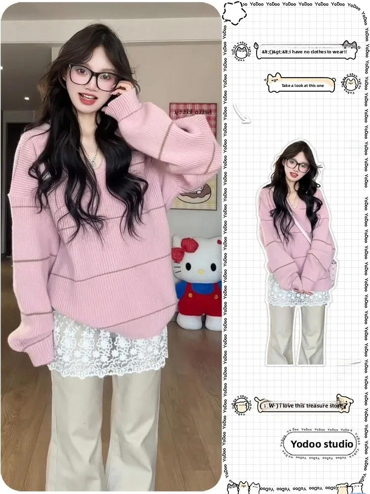 

Pink Striped V-Ne Knitwear Women's Autumn Winter Outerwear Lazy High-End Sweater Small Size Inner Wear Top Casual Loose Fit