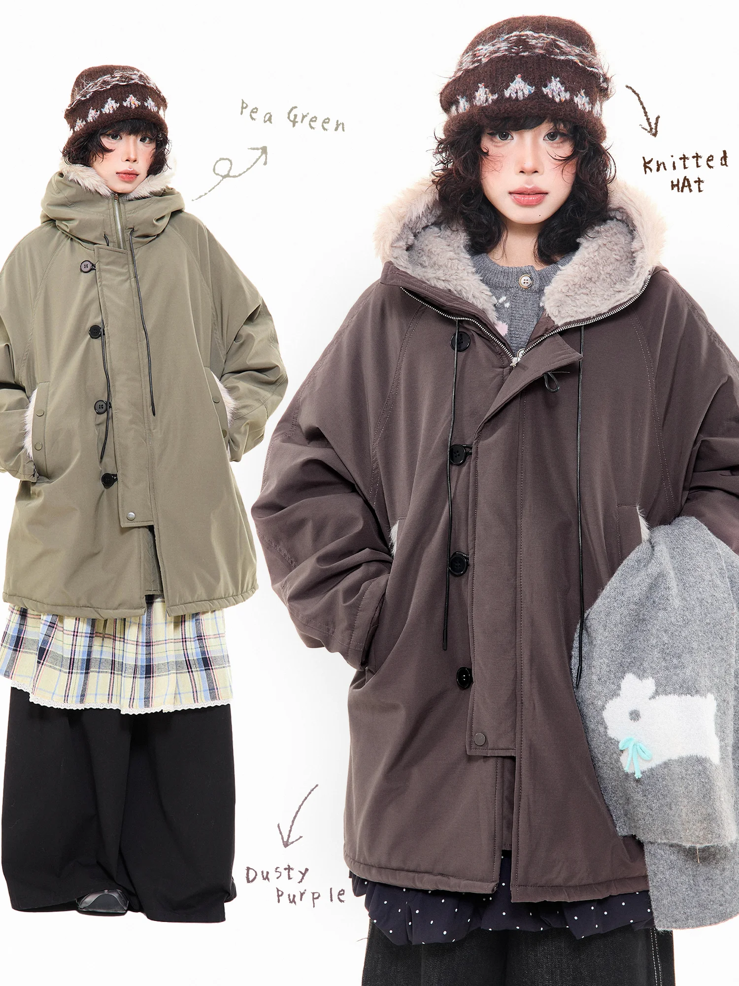 

Thickened Retro American Style Women's Cotton Jacket with Fur Collar Medium Length Loose Fit Warm Outerwear for Winter