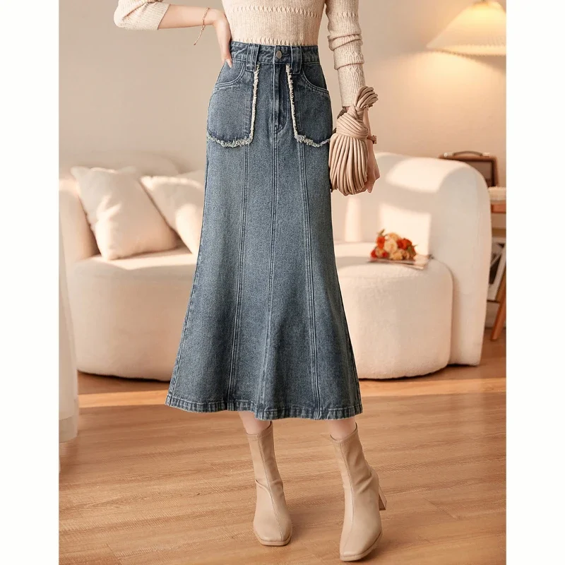 

Spring Fall Women High Waisted Causal Ripped Trumpet Long Denim Skirt , Woman Clothes Vintage Mermaid Skirts