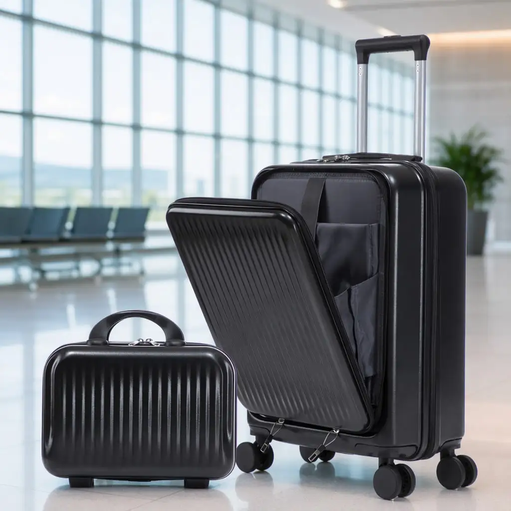 Littleox 14"/20" 2 Pcs/Set In ABS Spinner Wheel Luggage, With Combination Lock And Front Opening Design, 14" Cosmetic Case (Brown)