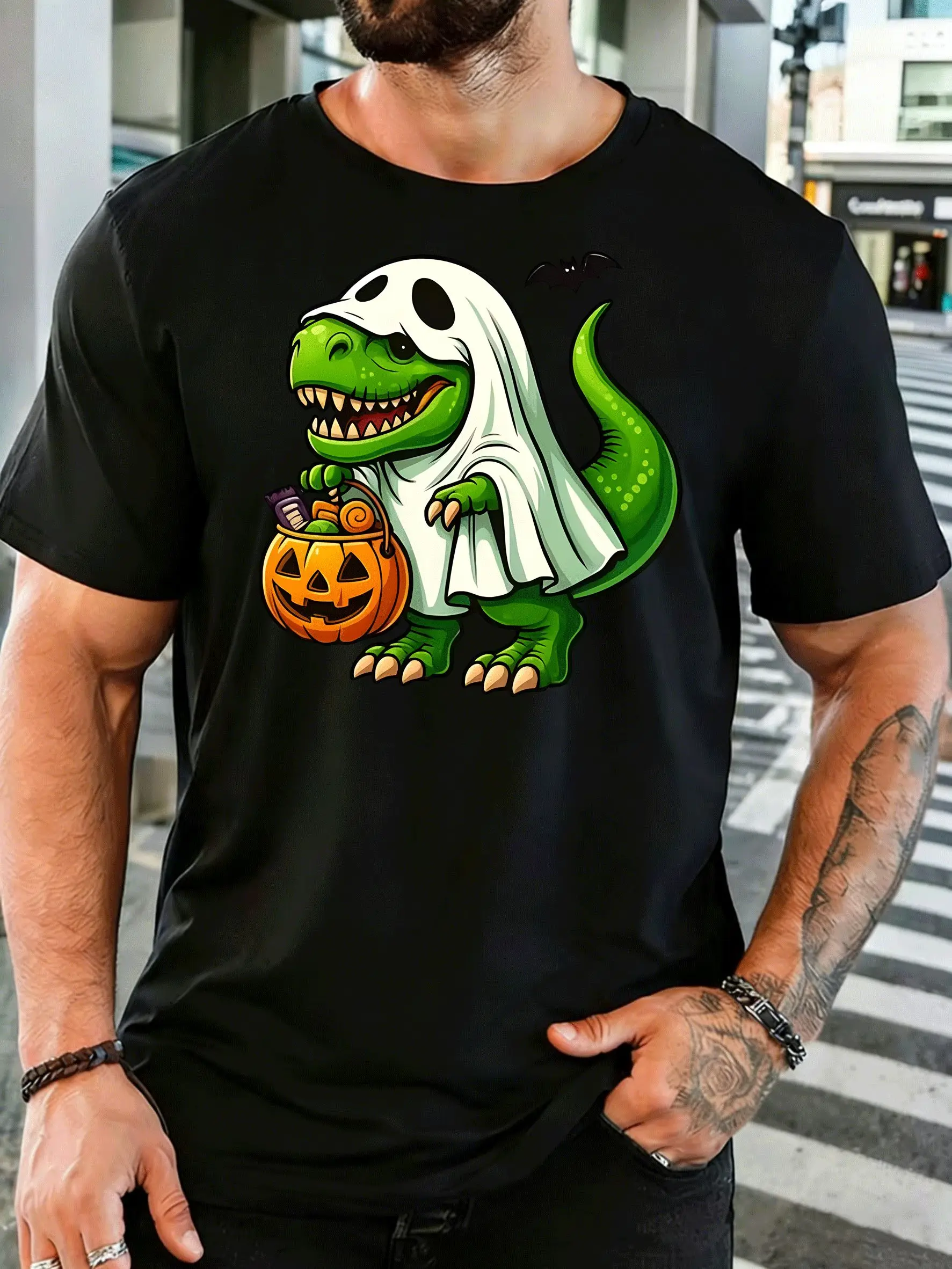Women Crew Neck Tee Ghost Dinosaur Pumpkin Bucket Graphic Print Short Sleeve Loose Mens Summer Soft Cotton Casual Street Top