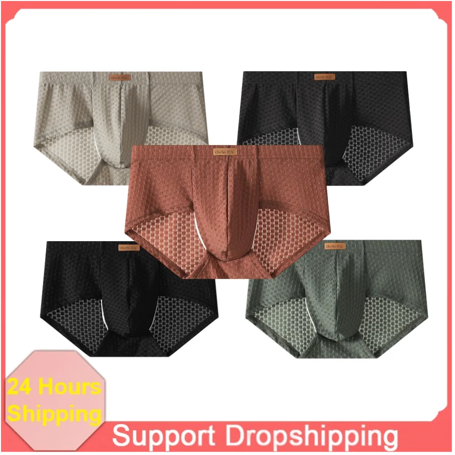 Summer New Plus Size Men Mid Waist Boxer Briefs Solid Nylon Ice Silk Breathable Soft Anti Chafing Quick Dry Men Underwear