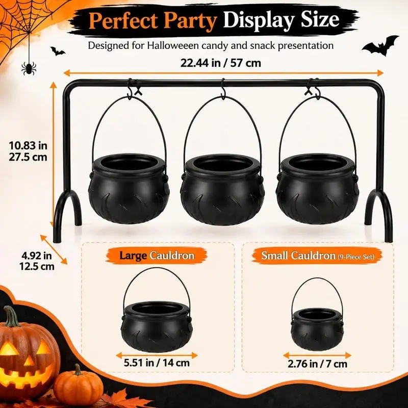 Halloween Cauldron Snack Rack Candy Bowl Display Set Black Witch Pot Hanging Stand Party Table Decor Treat Organizer