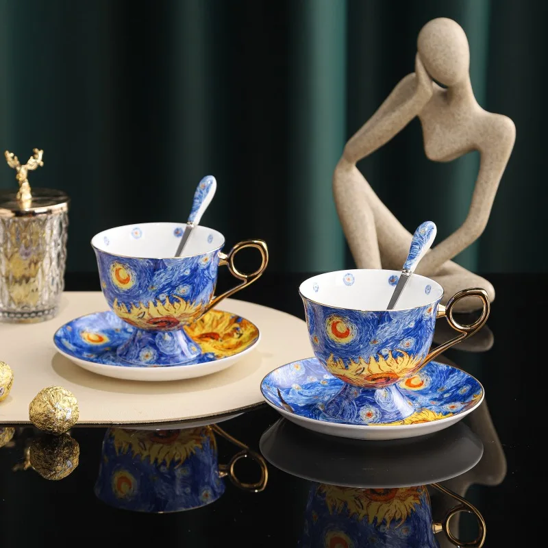 Van Gogh Star Moon Sunflower Bone Porcelain Coffee Set Coffee Cup Afternoon Tea Cup Saucer Mug Gift Box Set Creative