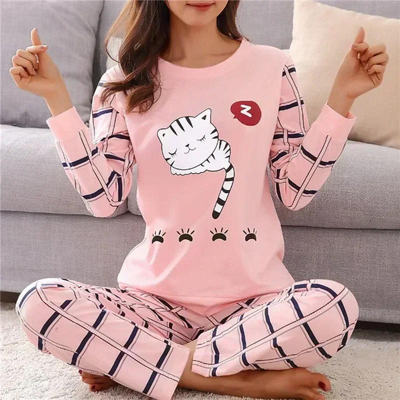 Cartoon Cotton Pajamas Women\'s Spring and Autumn Models Long-sleeved Home Service Women\'s Simple Loose Casual Suit Large Size