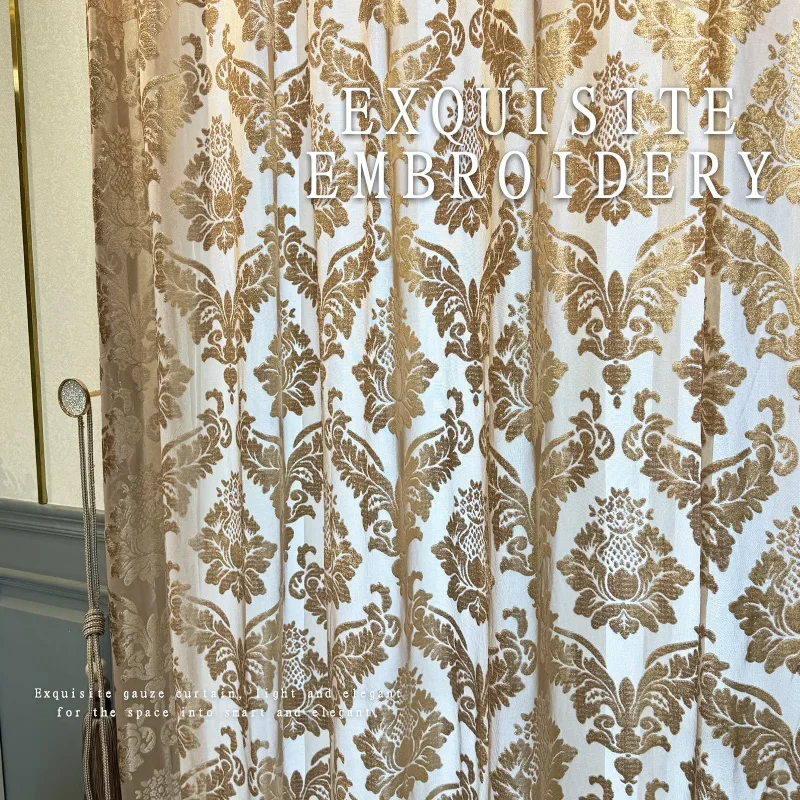 French Golden Hollow Tulle Suede Jacquard Curtains Modern Light Luxury Villa Curtains for Living Dining Room Bedroom Custom