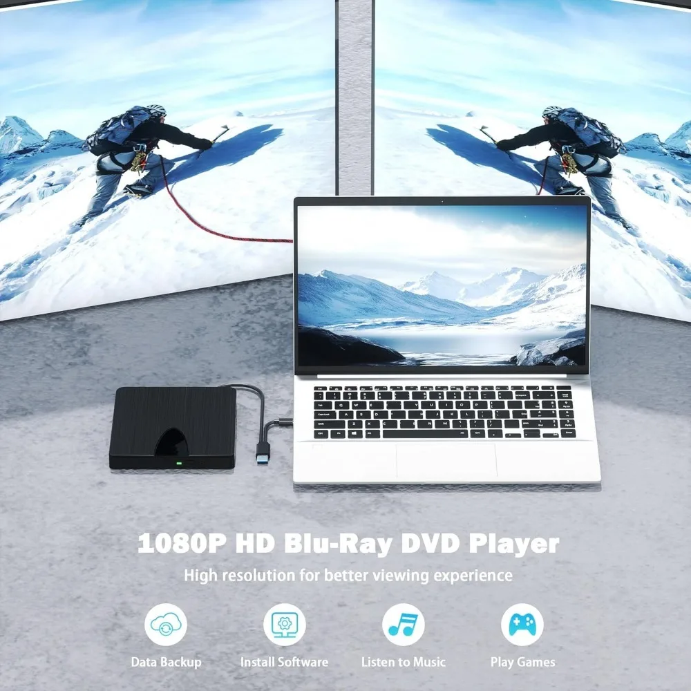 Externes Bluray-Laufwerk, USB 3.0 und Typ-C-Bluray-Brenner, tragbarer BluRay-DVD/CD/BD-Player, 3D-optisches Bluray-Laufwerk für PC und Laptop
