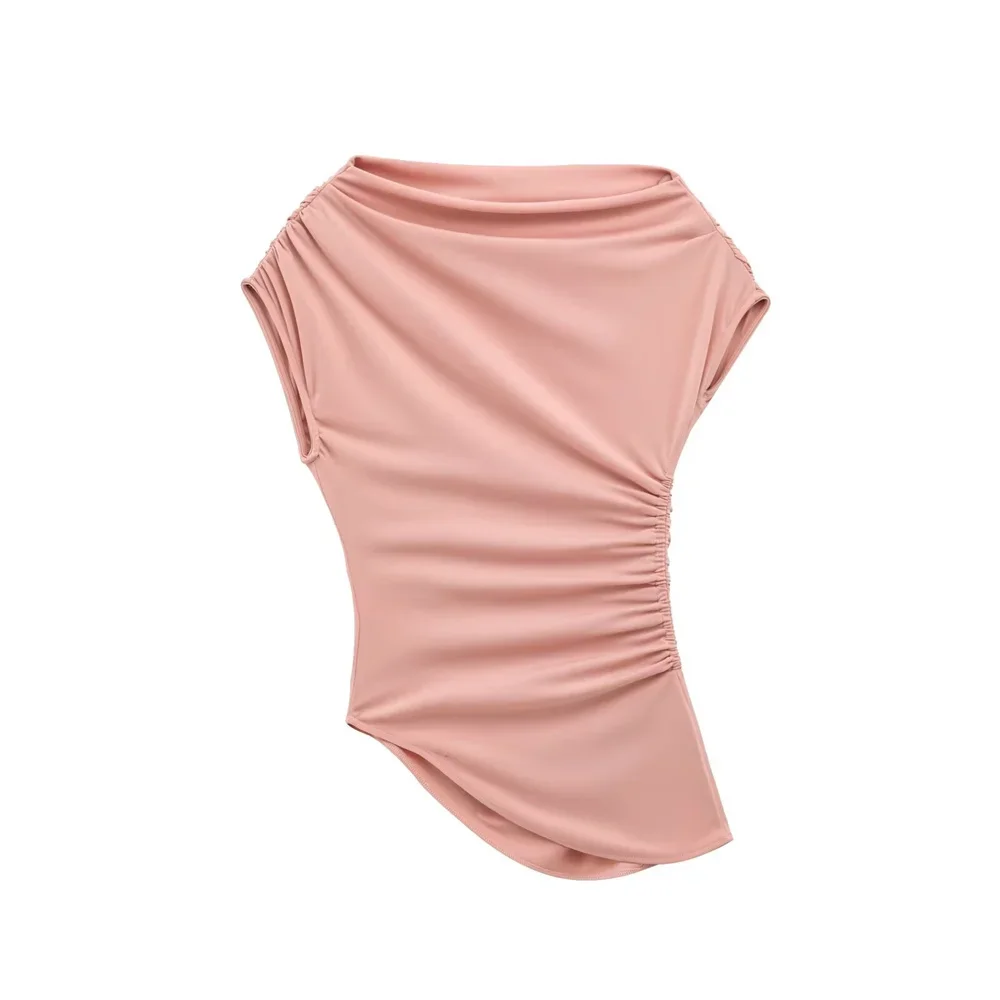 LIBIELIY LIBIELIY Women's Folded Asymmetric Top Solid Color Slimming Decoration Spring/Summer New Casual Women's Top