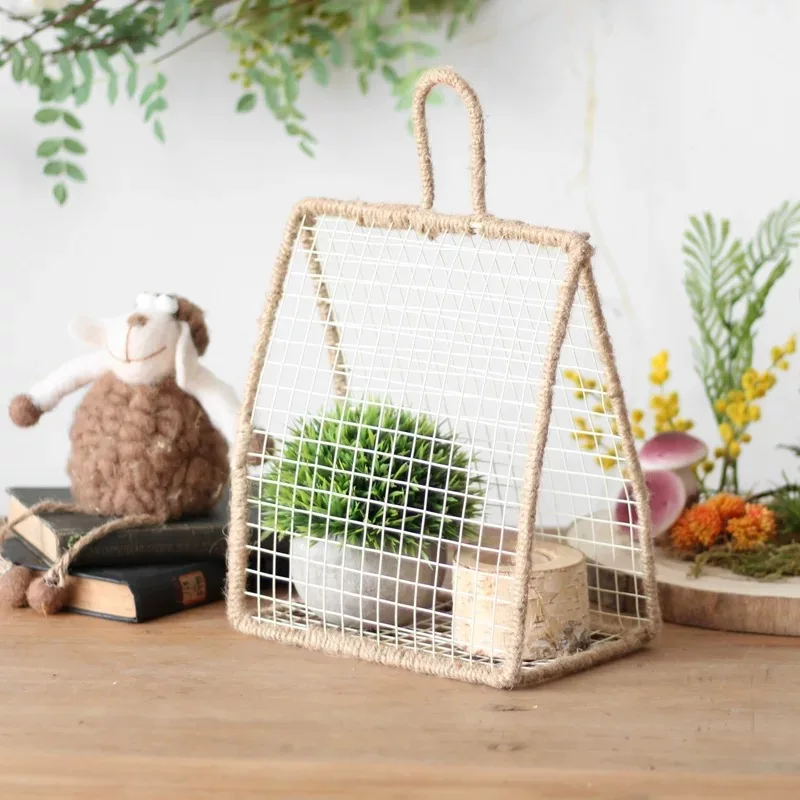 Hand-woven Jute Rope Cover Handbag Shaped Ornamental Metal Wire Basket for Decor, Unique Gift