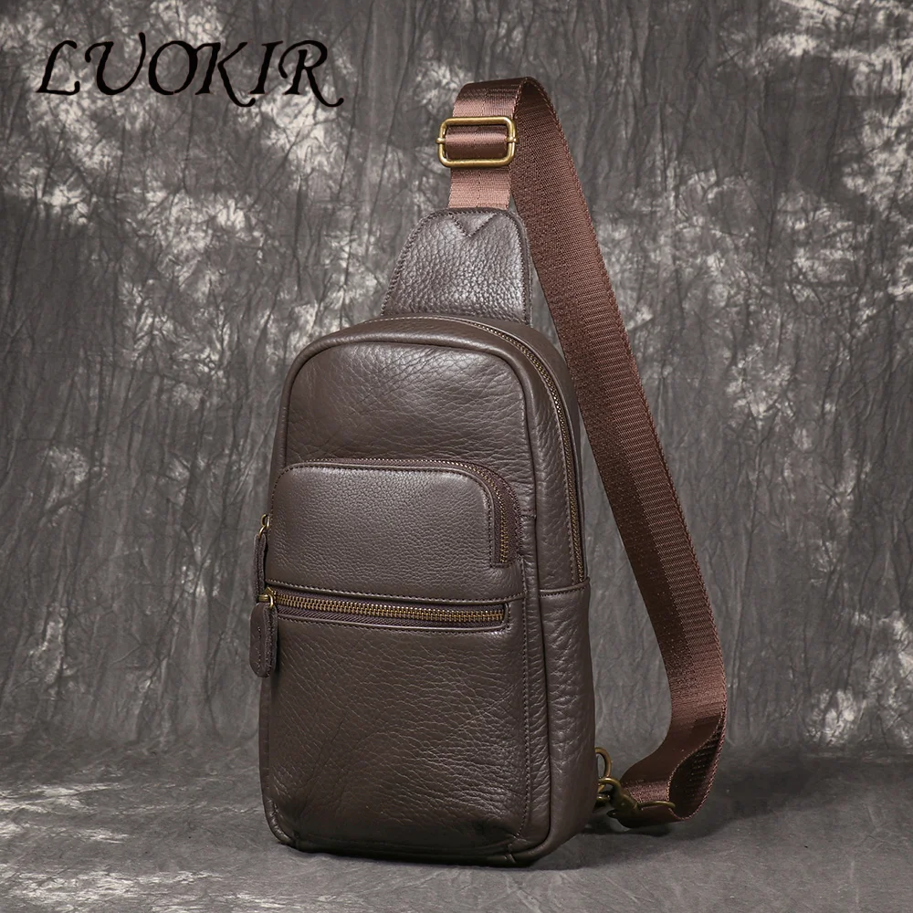 

LUOKIR Men's Leather Chest Bag Fashion Casual Small Backpack Soft Leather Shoulder Bag Cowhide Crossbody Backpack