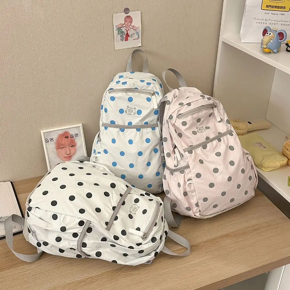 Fashion Sweet Polka Dot Backpack Minimalist Embroidered Cat Nylon Rucksack Large Capacity Durable Student School Bag Teenage