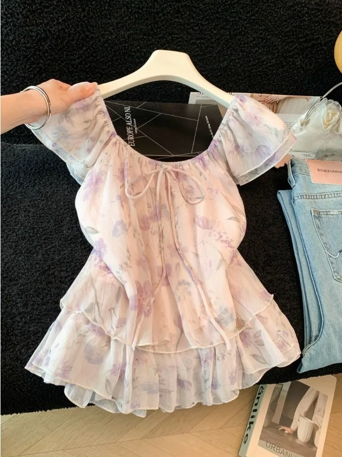 

Sweet Floral Print Square Collar Chiffon Shirt Women's Summer Korean Style Slimming Fly Sleeve Top Elegant Fairy-like Blouse