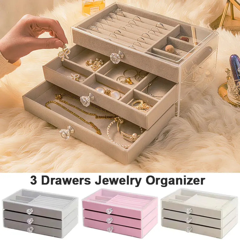

3-Tier Acrylic Velvet Jewelry Organizer Box Stackable Storage Case with Drawers for Earrings Necklaces Bracelets Gift-Worthy