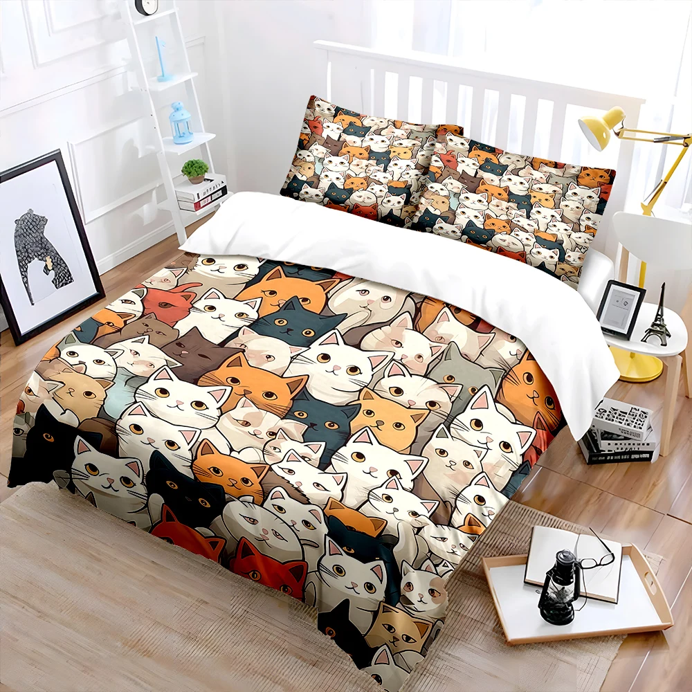 A group of colorful cartoon cats Pattern Duvet Cover Set Digital Print Colorful Polyester Bedding with Zipper Closur kids gifts