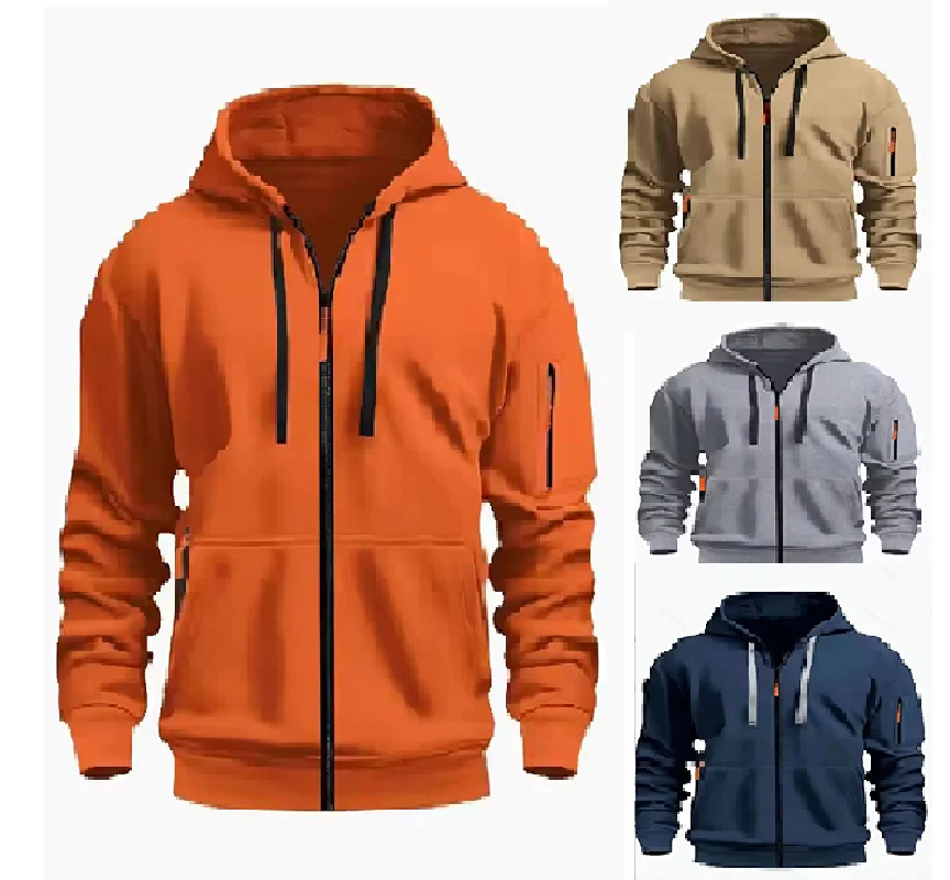 

Men's zipper hoodie jacket with side-seam pockets, solid color, autumn-winter style, sporty casual, fleece lining for warmth