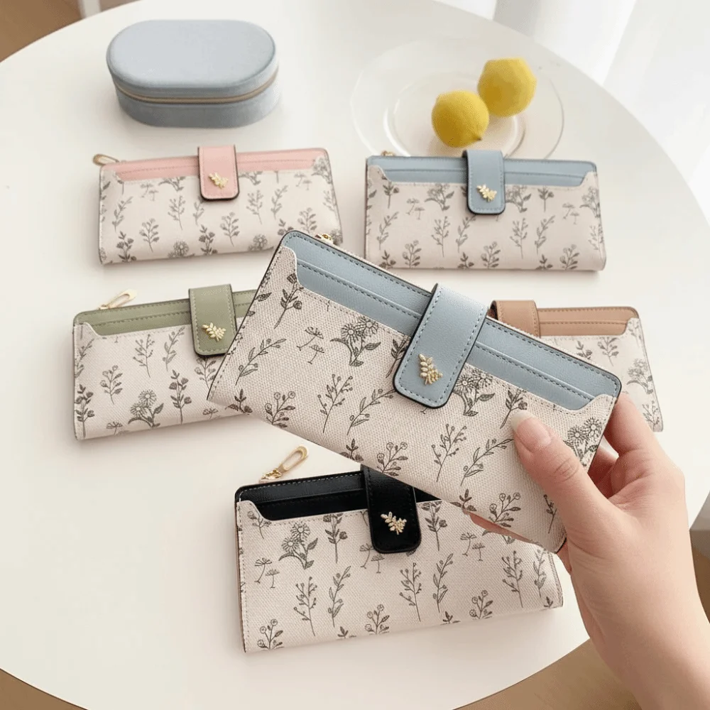 

Coin Pouch Portable Women Long Wallet Printed Flower Two Fold Purse Snap Button Multiple Card Clutch Money Bag Student