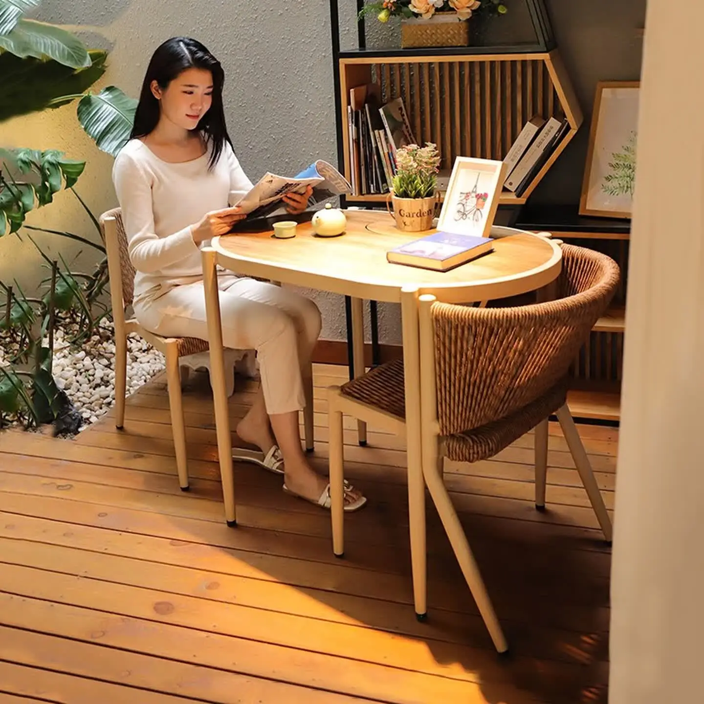 Balcony rattan chair three-piece simple modern one table two chairs Internet celebrity casual coffee table outdoor rattan tea