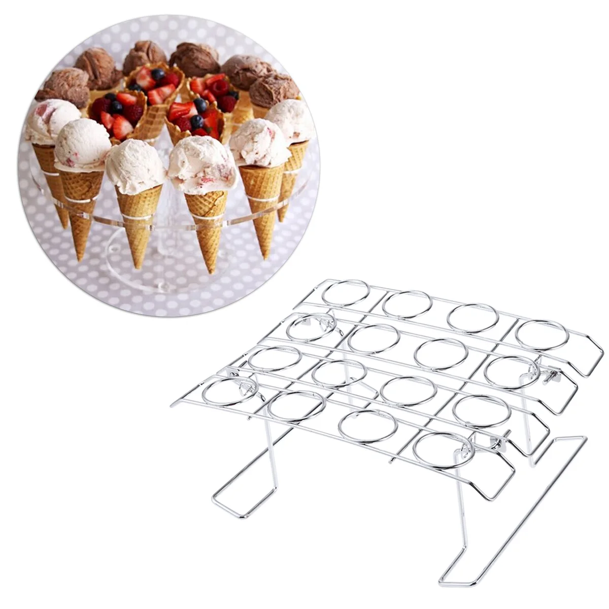 

16-Cavity Stainless Steel Ice Cream Cone Holder Foldable Dessert Display Stand Cupcakes Baking Rack for Home Cafe Dessert Shop