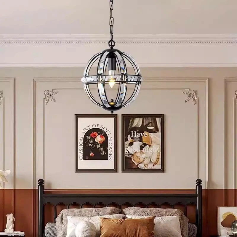 

American Retro Wrought Iron LED Pendant Lamps Creative Crystal Chandelier Living Room Restaurant Kitchen Bedroom Study Lighting