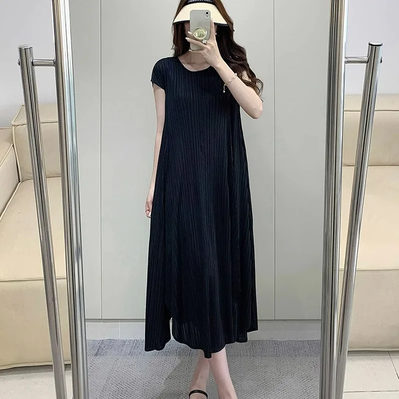 

Miyake 2024 Summer Pleated Dress Women's New High End Temperament Loose Irregular Skirt Board Mid Length Skirt Women's Wear