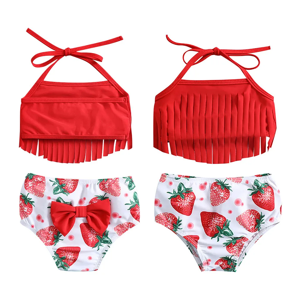 

Children's Swimsuit Bikini Three Piece Set With Bow Strawberry Print Playful Cute Fringe Tie Neck Halter Swimsuit