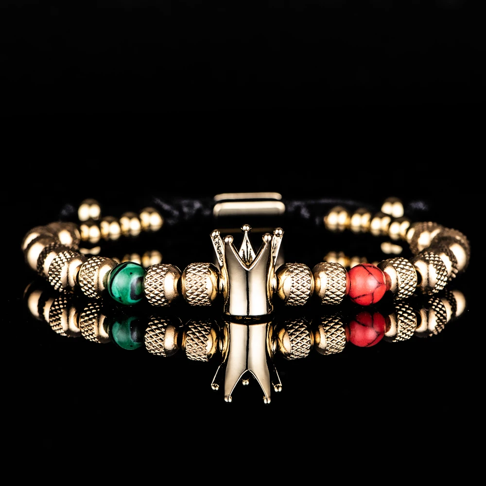 

Luxury Crown Men Bracelet Stainless Steel Beads Bracelet Banlge Gold Color Bracelet Adjust Size Men Red green Jewelry Gift
