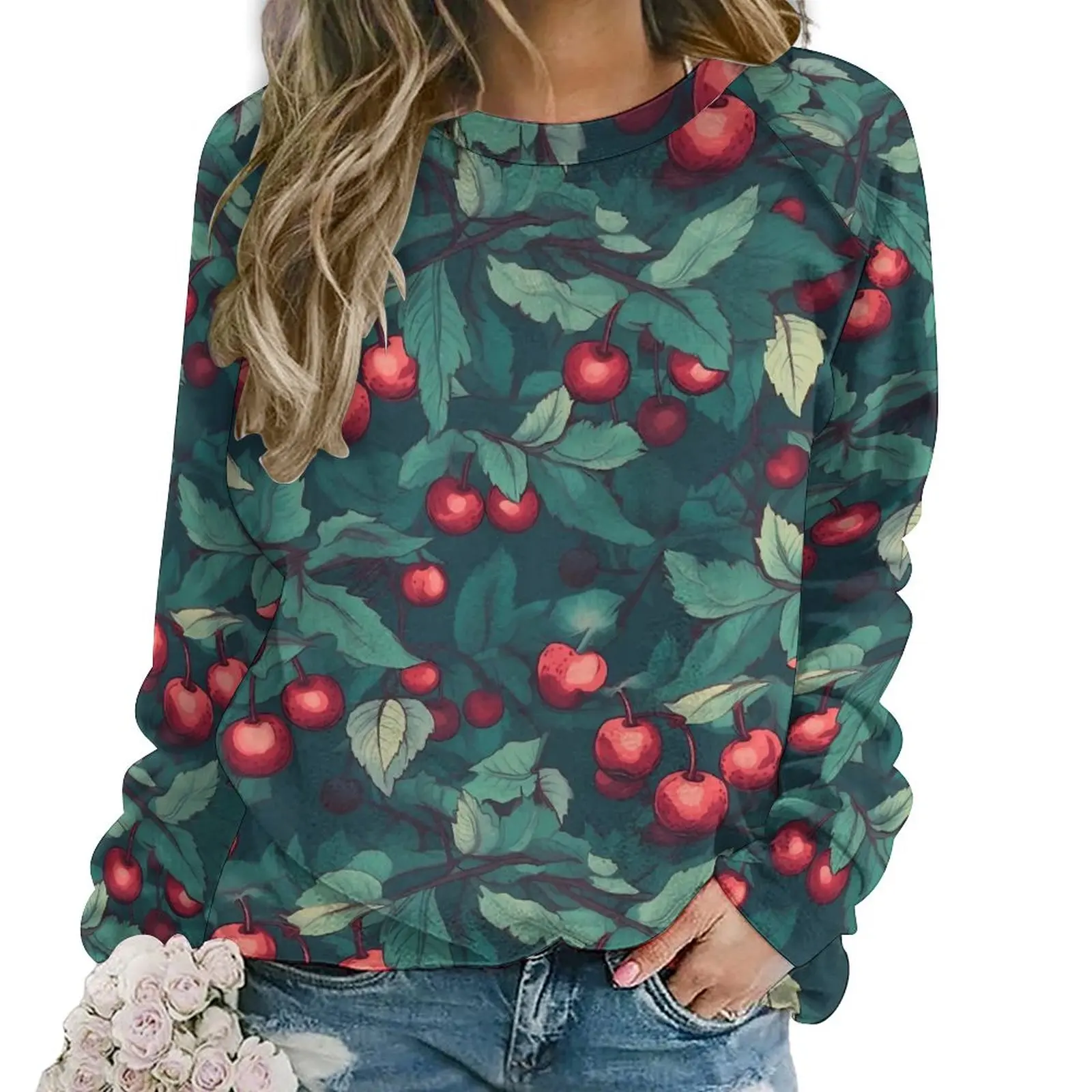 Cherries Print Casual Hoodies Winter Green Leaves Print Aesthetic Hoodie Long Sleeve Oversized Streetwear Printed Sweatshirts