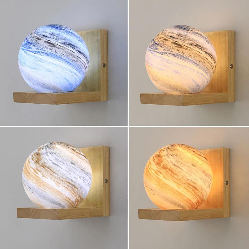 

Japanese Wood Wall Lamp Nordic Starry Sky Planet Wall Sconce Children's Room Bedroom Bedside Glass Wall Lights for Home Decor