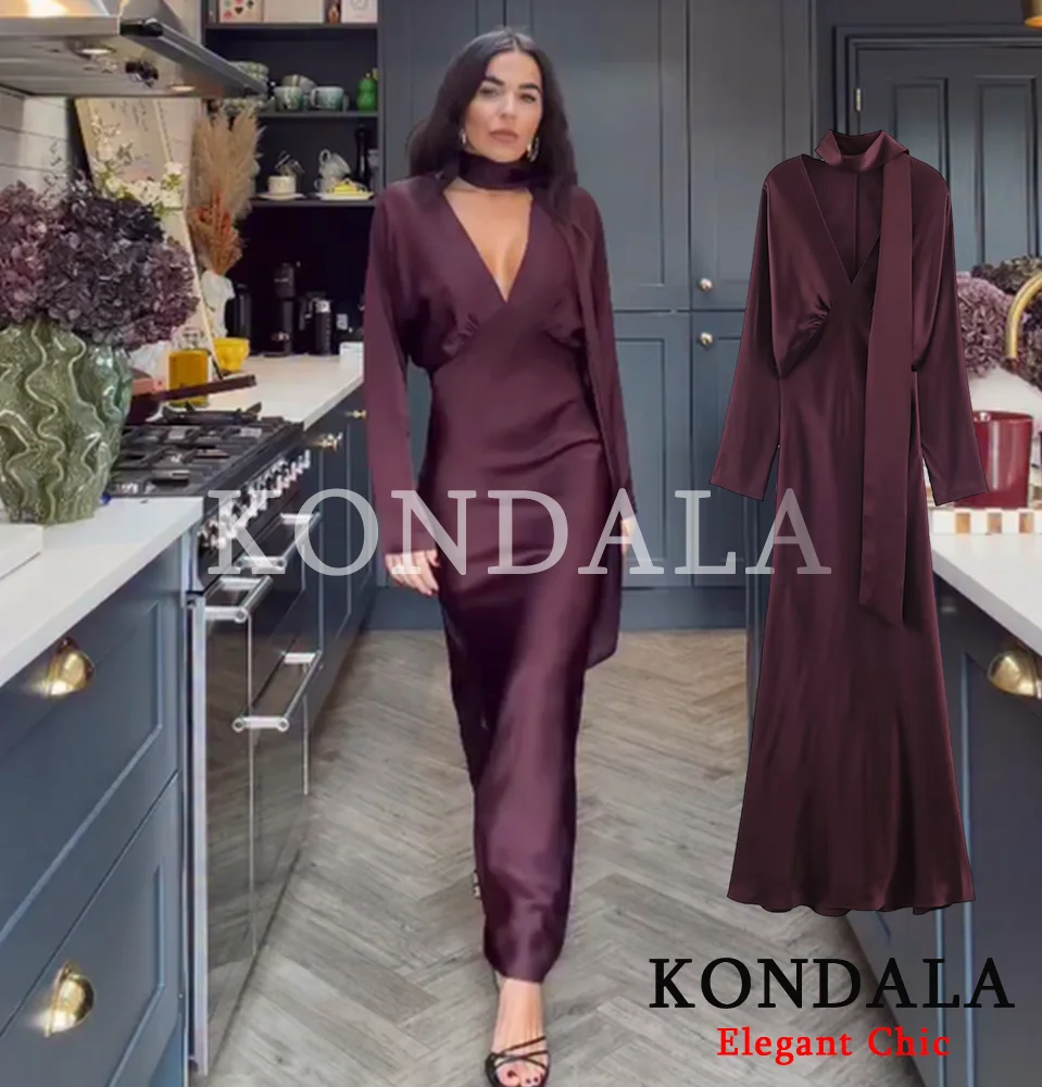 KONDALA Abito lungo da donna in raso con scollo a V per festa di Natale 2026 Abito da donna elegante per le vacanze di moda primavera inverno 2026